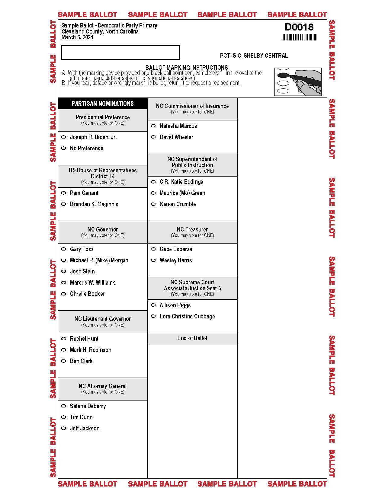 Cleveland County NC Democratic Sample Ballot of March 5, 2024 Primary Election