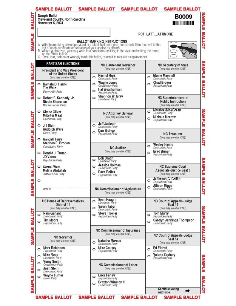 Cleveland County NC sample ballot B0009 for 2024 general election - Page 1