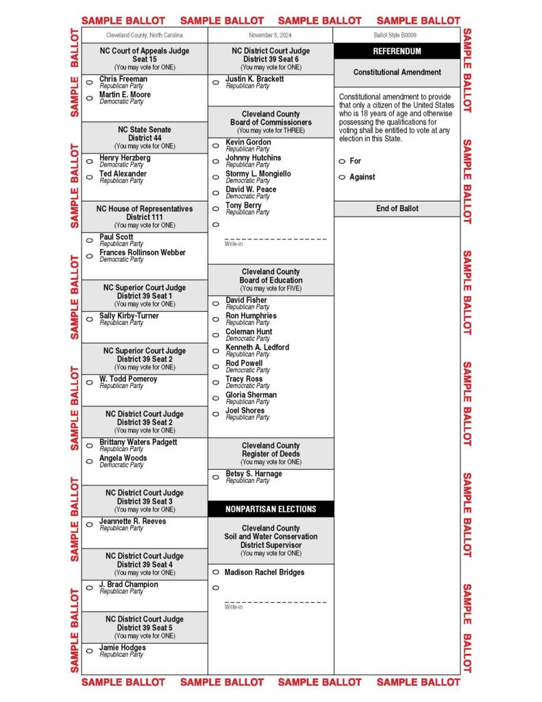 Cleveland County NC sample ballot B0009 for 2024 general election - Page 2