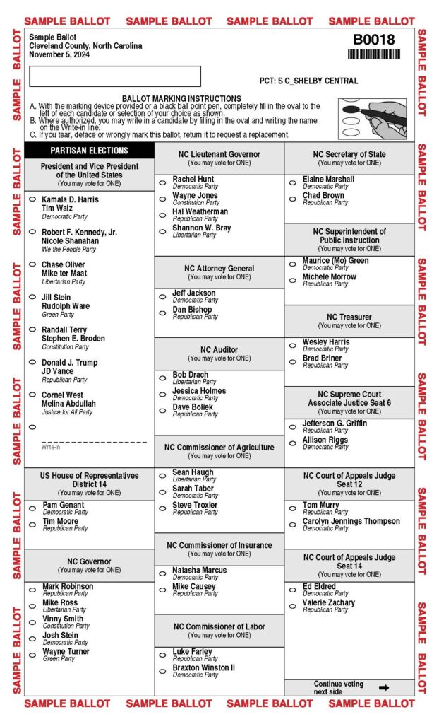 Cleveland County NC sample ballot B0018 for 2024 general election - Page 1