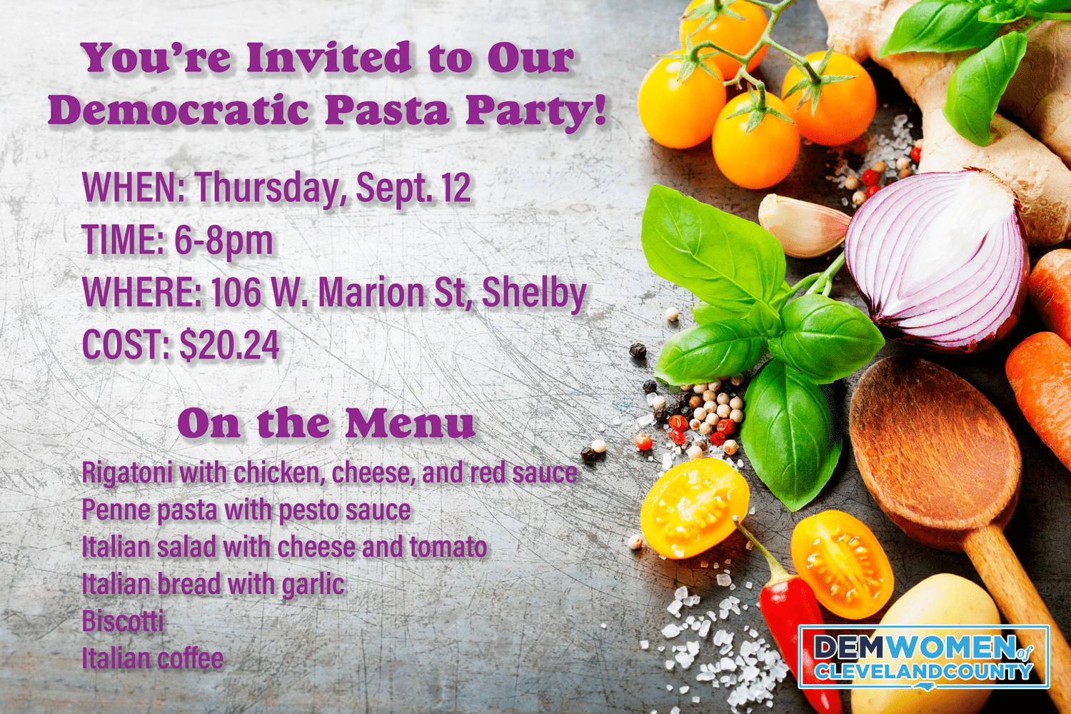 An invitation to a Democratic Pasta Party on Thursday, Sept. 12, 2024 in Shelby, NC.