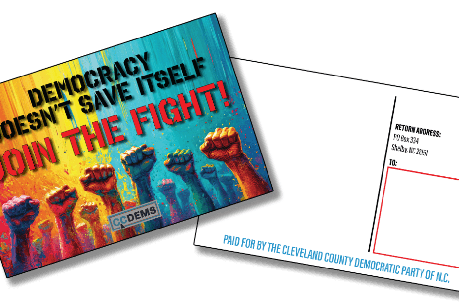 CCDP sample postcard: DEMOCRACY DOESN'T SAVE ITSELF. JOIN THE FIGHT!