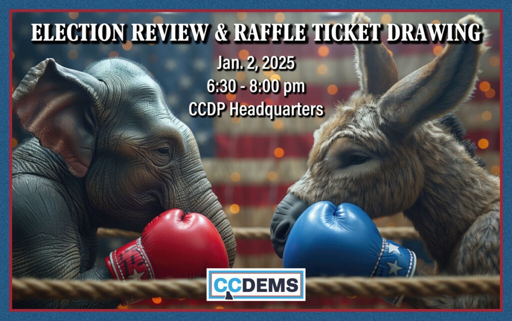 Donkey and elephant boxing in announcement graphic for 2024 election review and raffle ticket drawing on Jan. 2, 2025