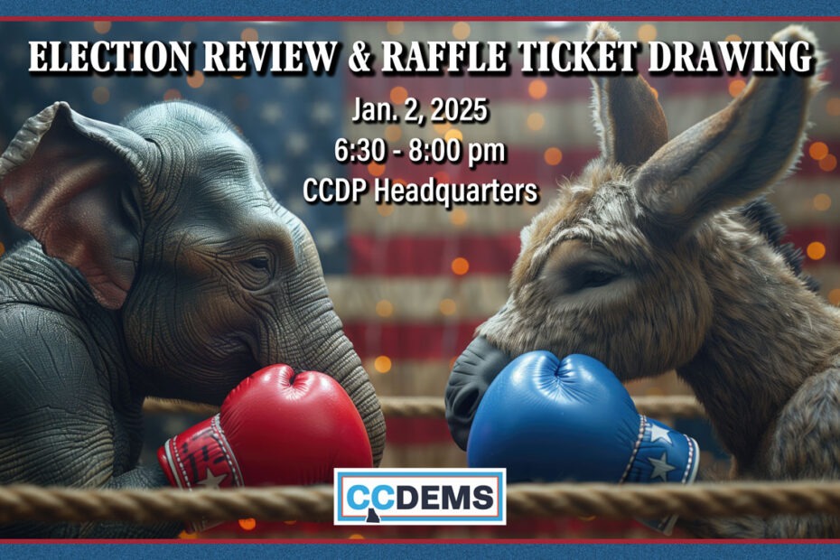 Donkey and elephant boxing in announcement graphic for 2024 election review and fall fundraiser raffle ticket drawing.