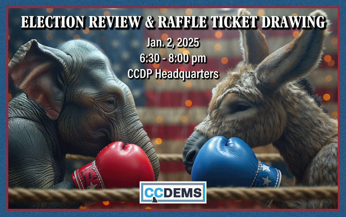 Donkey and elephant boxing in announcement graphic for 2024 election review and fall fundraiser raffle ticket drawing.