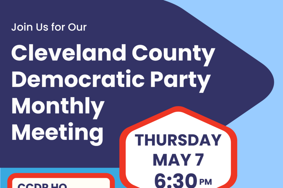 Cleveland County Democratic Party of North Carolina meeting announcement graphic for Thursday, March 7, 2026.