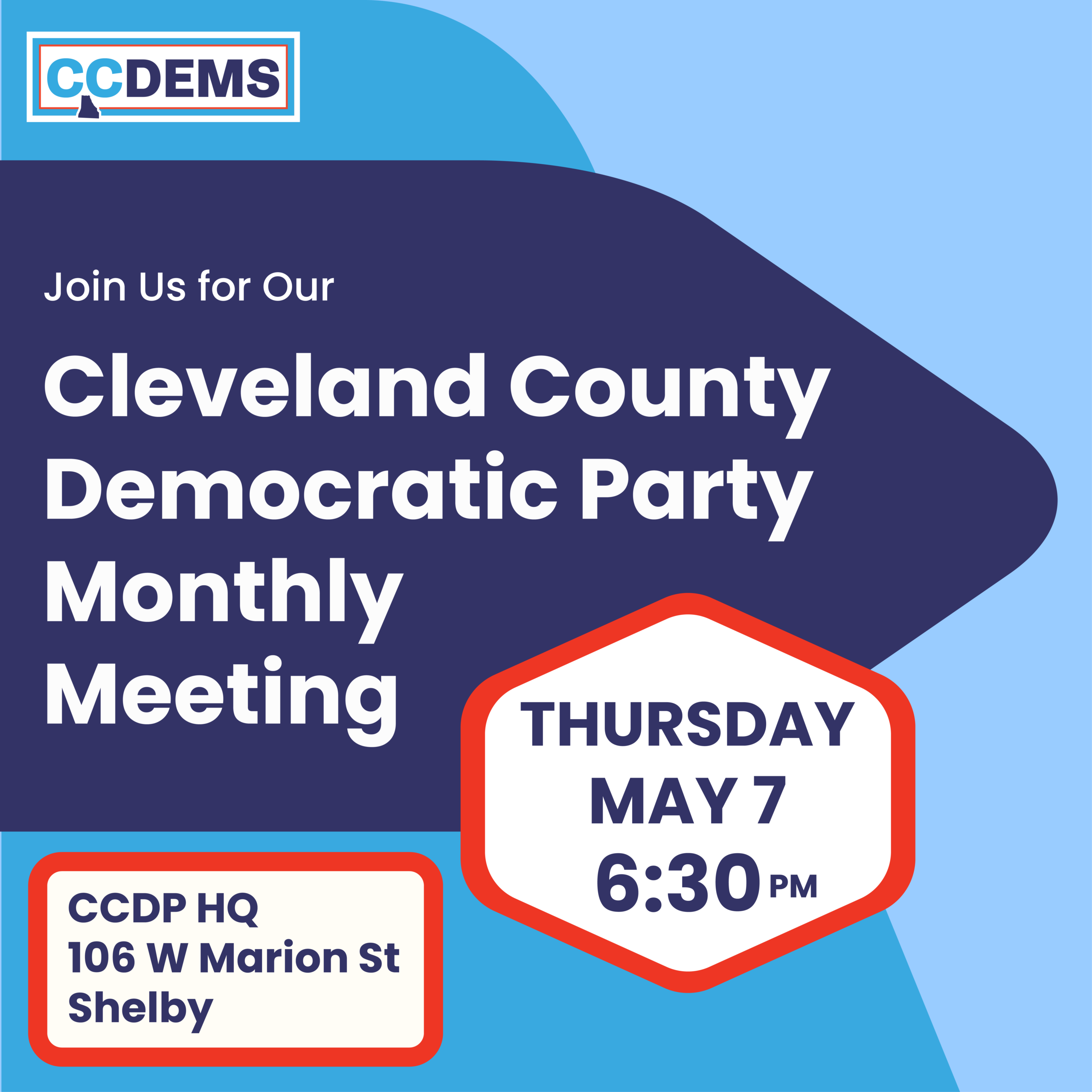 Cleveland County Democratic Party of North Carolina meeting announcement graphic for Thursday, March 7, 2026.