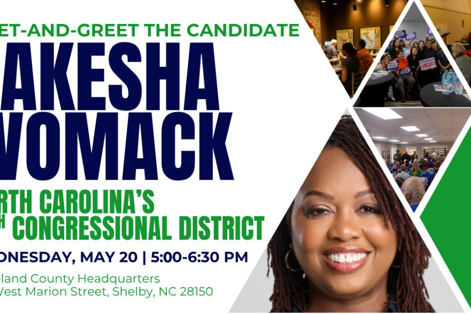 Graphic for Meet and Greet with U.S. Congressional candidate from NC District 14, LaKesha Womack. The event takes place in Shelby, NC on May 20, 2026 at 5:00pm.