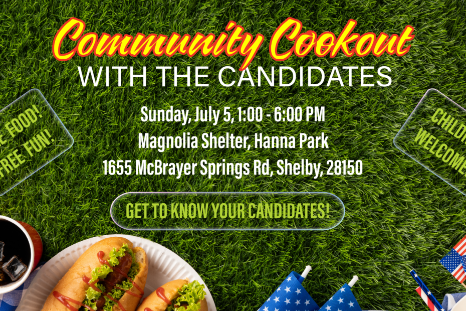 Community Cookout with the Candidates graphic. Event happening on July 5, 2026 at Hanna Park.