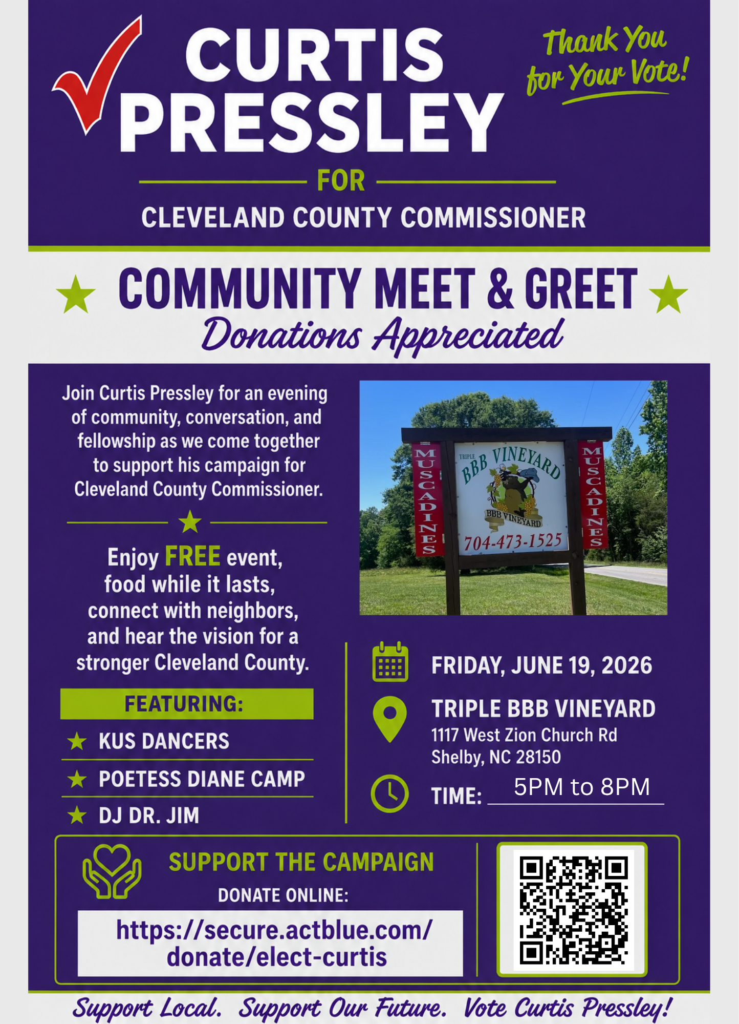 Curtis Pressley June 19, 2026 Community Meet and Greet flyer