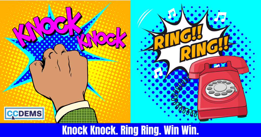 Graphic for CCDP Training: "Knock Knock. Ring Ring. Win Win."