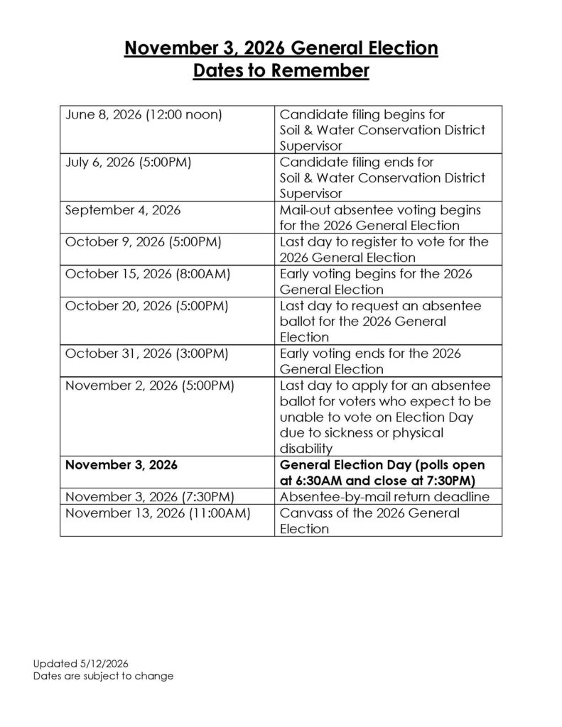 Nov. 3, 2026 Dates to Remember