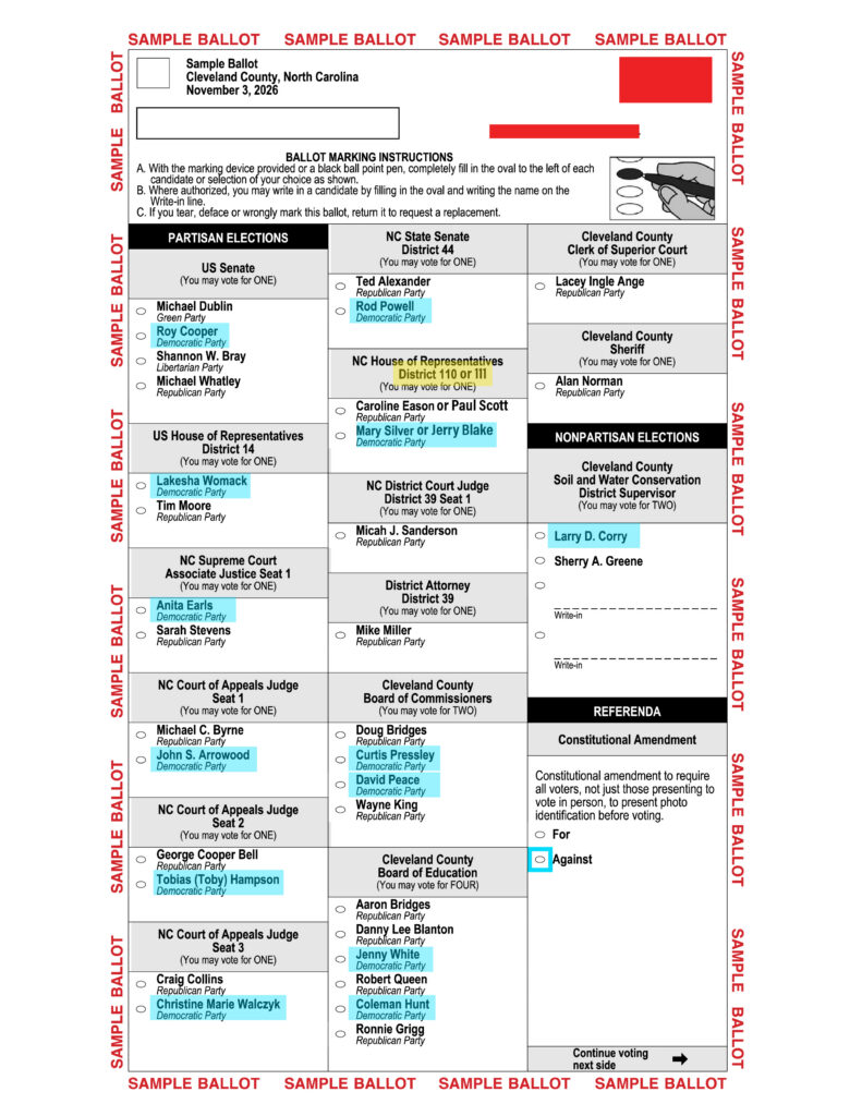 Cleveland County, NC Nov. 3, 2026 sample ballot FRONT