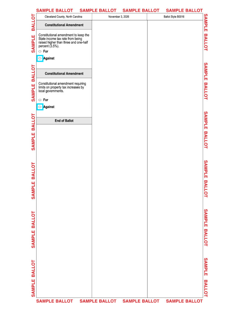 Cleveland County, NC Nov. 3, 2026 sample ballot BACK